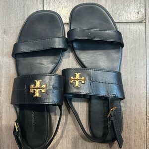 Tory Burch Black Leather Sandals with Gold Emblem